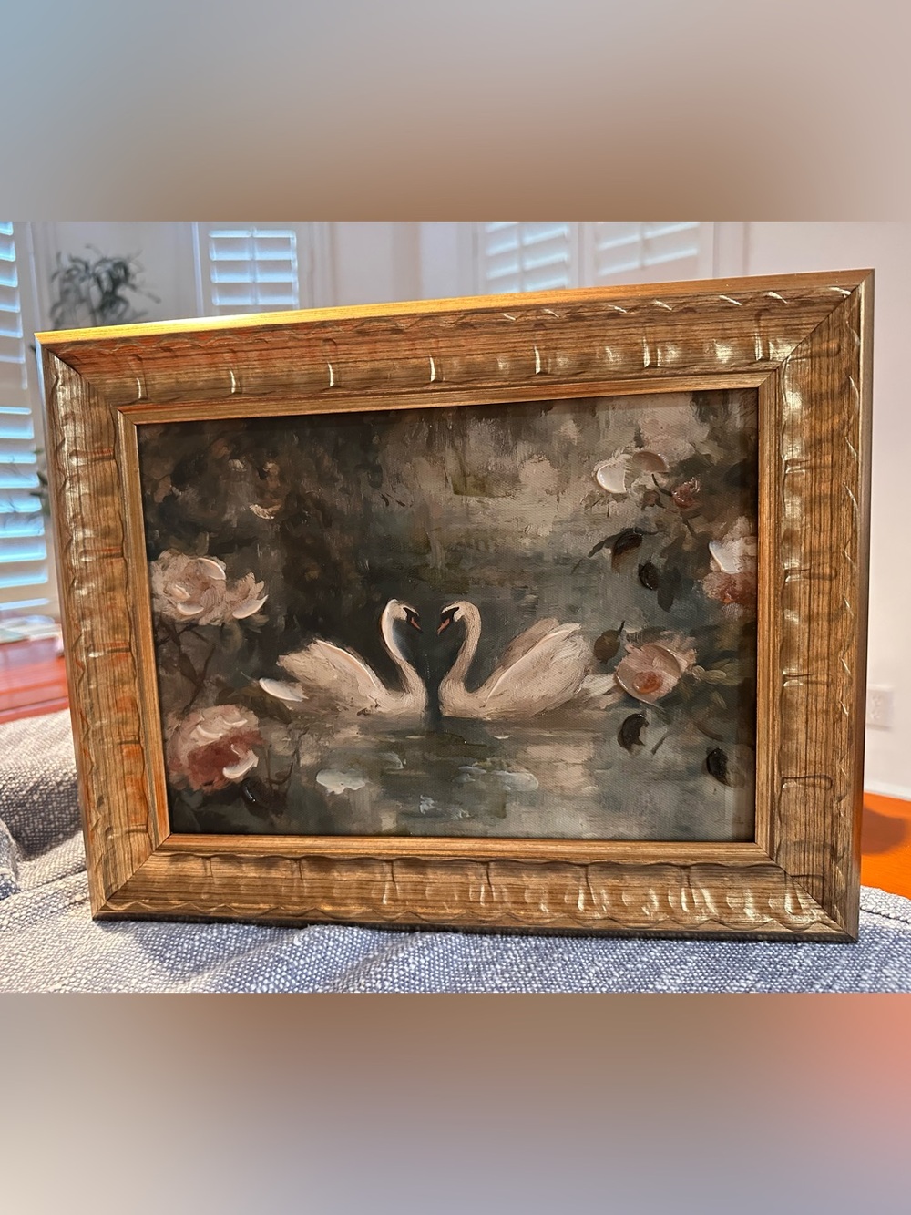 14x11 Hearth of 2 swans hand embellish art work gold frame